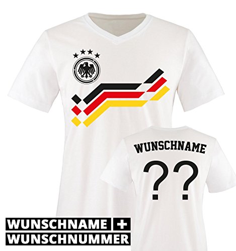 EM 2016 – RETRO-TRIKOT – WUNSCHDRUCK – Herren V-Neck T-Shirt – Weiss / Schwarz-Rot-Gelb Gr. XXL