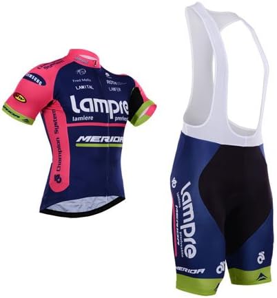 2015 Outdoor Sports Pro Team Men's Short Sleeve Lampre Cycling Jersey and Shorts Set (Bib suit, M)