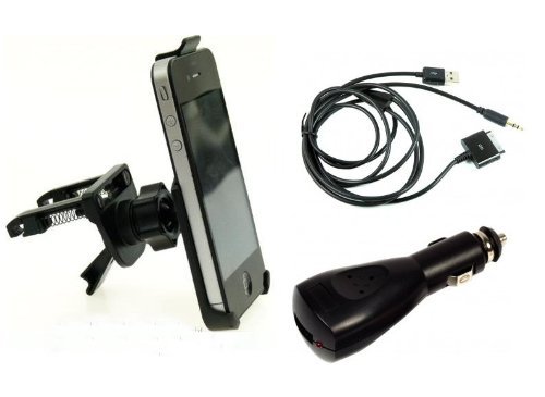 Buybits Swivel Air Vent Car Kit Mount for Apple iPhone 4 with Charger & Audio Input / 3.5mm Jack Cable