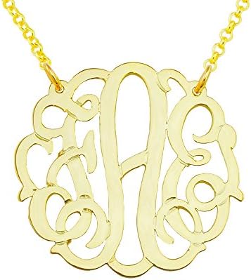 Mono133y Yellow Plated Sterling Silver 1 Inch (Quarter size) Small size Curly Initial Monogram Necklace