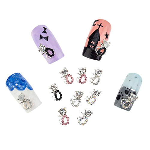 Nail Art 3D Decorations Set of 12pcs Cats Studded With Silver, Black, AB And Pink Rhinestones / Crystals / Jewels / Gems By VAGA