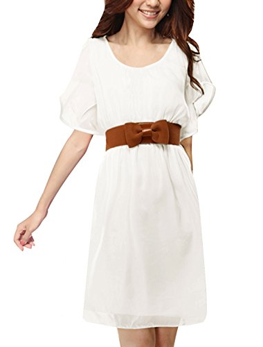 Allegra K Women Butterfly Sleeve Elastic Waist Belted Chiffon Short Dress