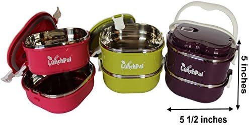 Stacking Lunch Box - Square Two Tier Tiffin with Vacuum Seal Lid and Stainless Steel Interior (Purple)