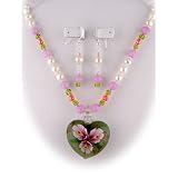 Murano Glass Pink Flower Heart Pendant Freshwater Pearl Earrings Necklace Sterling Silver