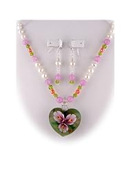 Murano Glass Pink Flower Heart Pendant Freshwater Pearl Earrings Necklace Sterling Silver