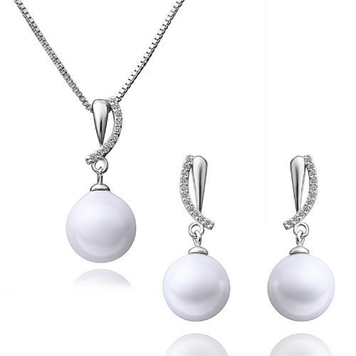  Freshwater White Pearl Pendant Swarovski Elements Crystal CZ Rhinestone jewelry Sets Necklace and Earrings