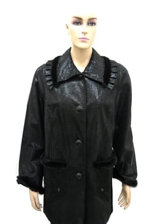 Women's Genuine Leather Long Coat with Mink Trims - Black Shine - Size Large
