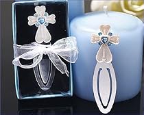 Chrome Metal With White Resin Cross Bookmark Accented With Blue Crystals - Wedding Party Favors