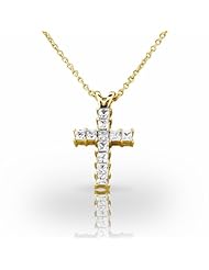 14KT Yellow Gold Lovely 4 Prong Round Princess Cut Diamond Cross Pendant. 3/4 CTW