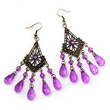 Bronze Tone Purple Acrylic Bead Chandelier Earrings - 9cm Length