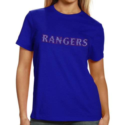 Texas Rangers Ladies Sequin Jersey Logo Premium T-Shirt - Royal Blue (Small)
