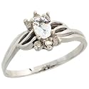 10k White Gold Diamond Ring, w/ 0.12 Carat Brilliant Cut Diamonds & 0.20 Carat Oval Cut (5x3mm) Aquamarine Stone, 3/8" (9mm) wide