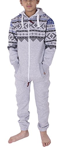 Unisex Kids Girls Boys Aztec and Plain Fleece Hooded Onesie Jumpsuit 2-13 Years NEW
