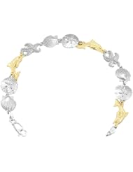 7.25 Sterling Silver 8" Shell, Sanddollar, 14K Dolphin & Starfish Bracelet