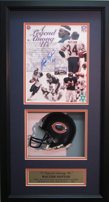 Signed Walter Payton and Framed 8x10 Photo Shadowbox Payton COA This shadowbox features a Chicago Bears mini helmet and a Walter Payton hand signed 8x10 Legends photograph. EACH ITEM COMES WITH A WALTER PAYTON FAMILY CERTIFICATE OF AUTHENTICITY. Overall size of piece is 14.5