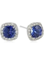 Sterling Silver Checkerboard Cushion Gemstone and Created White Sapphire Halo Stud Earrings