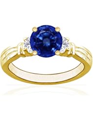 14K Yellow Gold Round Cut Blue Sapphire Three Stone Ring (GIA Certificate)