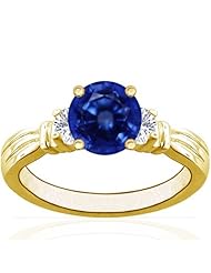 18K Yellow Gold Round Cut Blue Sapphire Three Stone Ring (GIA Certificate)