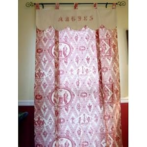 French Red Antiquity Toile Alphabet Figural Blind or Curtain with Embroidered Scalloped Valance