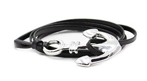 Golastartery Multilayer Leather Bangle Alloy Big Anchor Strap Cuff Bracelets(Black)