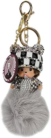 Womens Novelty Rabbit Fur Ball with Artificial Monchhichi Inlay Rhinestone Diamante Keychains for Bag Cellphone Car Key Pendant