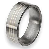 Sterling Silver Inlaid Flat Brushed Titanium Ring (8.0 mm) With Wood Box - Sizes 8.5-12