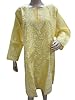 Womens Caftan Tunic Kurta Yellow Coverup Chikan Embroidered Cotton Kurti Tunic Top L