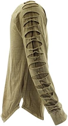 Rebel Minds - Men's Long Sleeves Pigment Dyed Rips T-Shirt - Khaki