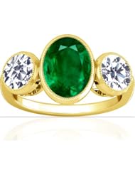 14K Yellow Gold Oval Cut Emerald Three Stone Ring