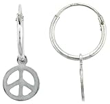 Sterling Silver Tiny Hoop Earrings w/ Peace Sign, 13/16" (21mm) tall