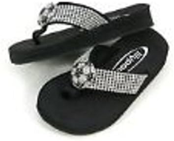 Childrens Girls Lilypad Flip Flops Shoes, Rhinestone Soccer Emblem, Black Soles, size M - ( 8" ) US 1.5