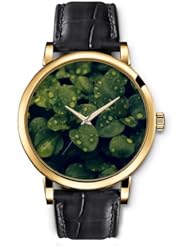SPRAWL Aanalog Fashion Series Gold Ladies Watches of Genuine Black Leather Strap,Unique Wrist Watch for Women Girls Designed with green leaves