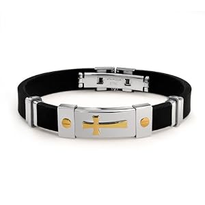 Bling Jewelry Mens Gold Plated Cross Black Rubber Bracelet Stainless Steel Clasp from Bling Jewelry