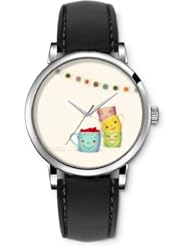 SPRAWL Aanalog Fashion Series Silver Ladies Watches of Genuine Black Leather Strap,Unique Wrist Watch for Women Girls Designed with Colorful cups