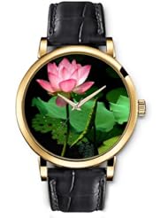 SPRAWL Aanalog Fashion Series Gold Ladies Watches of Genuine Black Leather Strap,Unique Wrist Watch for Women Girls Designed with pink lotus