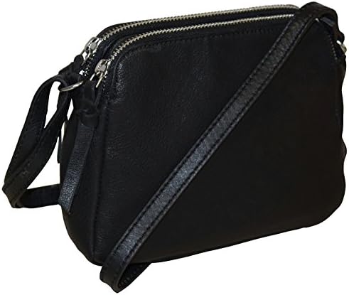 Women's Genuine Leather Double Zippered Crossbody Bag Handbag (Black)