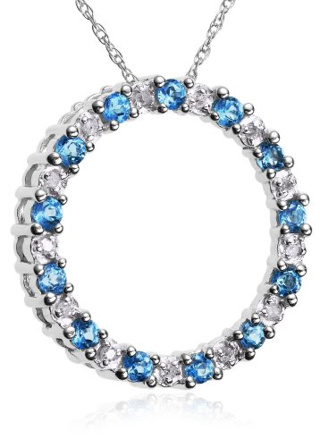 10k White Gold Blue Topaz & Diamond Circle Pendant, 18"