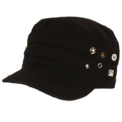 Cotton Summer Pleat Studded Frayed Cadet Hat Cap Black