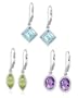 Sterling Silver Blue Topaz Square, Amethyst Oval and Peridot Marquise-Shaped Lever Back Bezel-Set Earrings, Set of Three