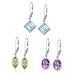 Sterling Silver Blue Topaz Square, Amethyst Oval and Peridot Marquise-Shaped Lever Back Bezel-Set Earrings, Set of Three