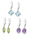 Sterling Silver Blue Topaz Square, Amethyst Oval and Peridot Marquise-Shaped Leverback Bezel-Set Earrings, Set of Three