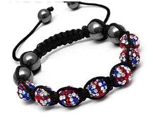 Bracelet type Shamballa Hématite Macrame croix rouge et bleu angleterre anglais