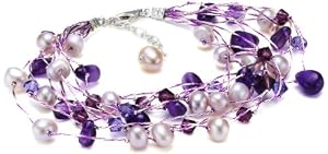 Dew Multi-strand Bracelet with Amethyst, Swarovski Crystal and Silver Pearl Beads 70GEAM