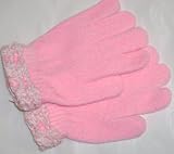 One Size Pink Magic Gloves Trimmed By Hand Crochet Chenille Cuff for Toddlers Ages 2-6 Years