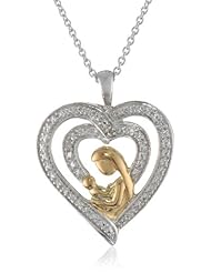 18K Yellow Gold Plated Sterling Silver Diamond MOM and Child Heart Pendant Necklace (0.01 cttw, I-J Color, I3 Clarity), 18"
