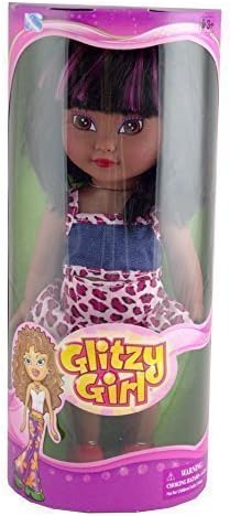Glitzy Girl African American Doll with Shoulder Length Black Hair with Pink Highlighted Bangs, Large Brown Eyes, Blue and Pink Print Dress and Red Shoes