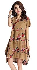 Short Sleeves High-Low-Hem Cotton/Linen Vintage General Print Round Neck Midi Dress 