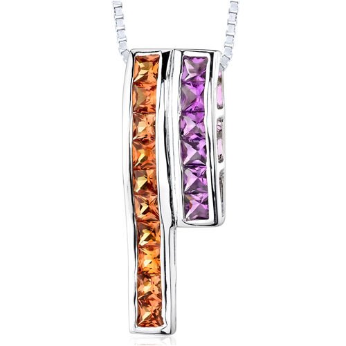 Sterling Silver 2.50 carats total weight Princess Cut Padparascha Sapphire and Amethyst Slider Pendant Necklace