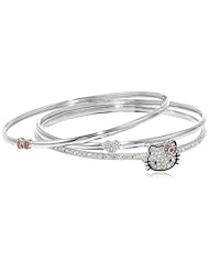 Hello Kitty Girls "Black Outline" Sterling Silver Black Pave Crystal Face Pink Crystal Bow 3 Stack Bangle Bracelet, 7.5"