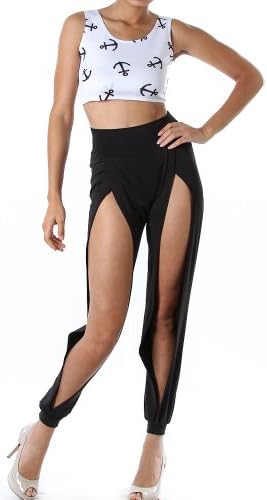 Pinkclubwear Solid Front Slit Cutout Mid Rise Cuffed Pants-Black-Large